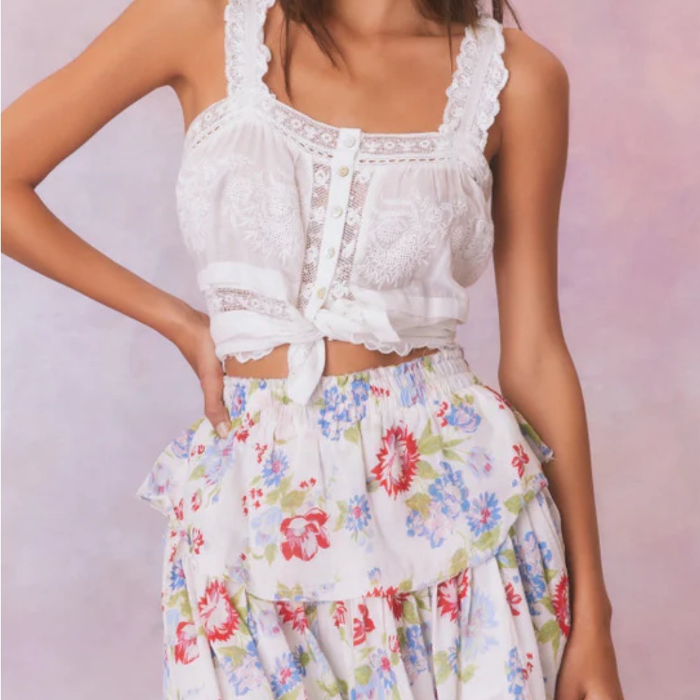 LoveShackFancy Floral Mini Skirt in White and Multicolor